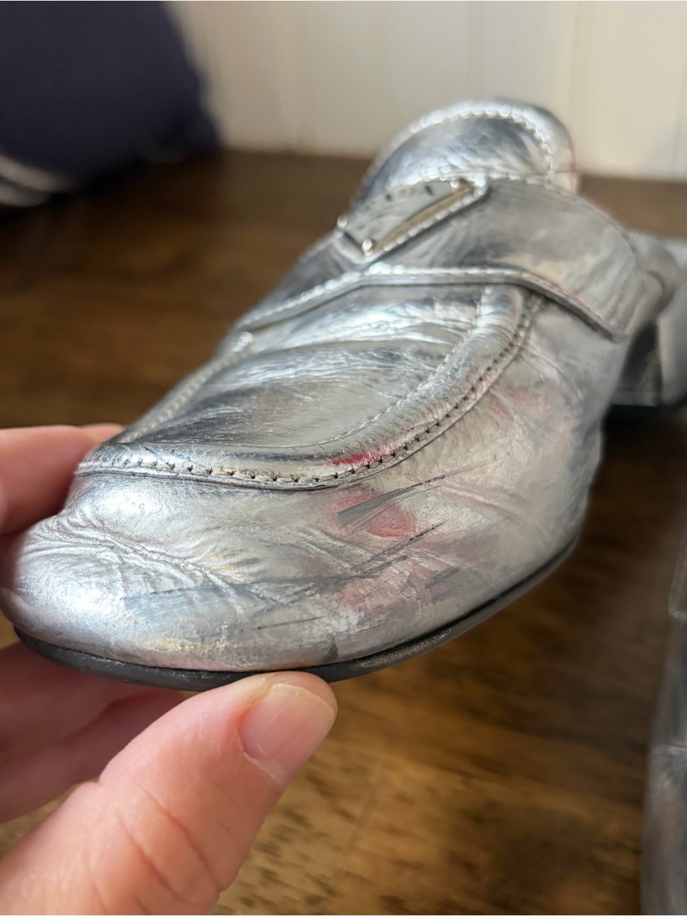PRADA Silver Metallic Leather Mules Loafer Slides size 7 37.5 - Picture 10 of 12